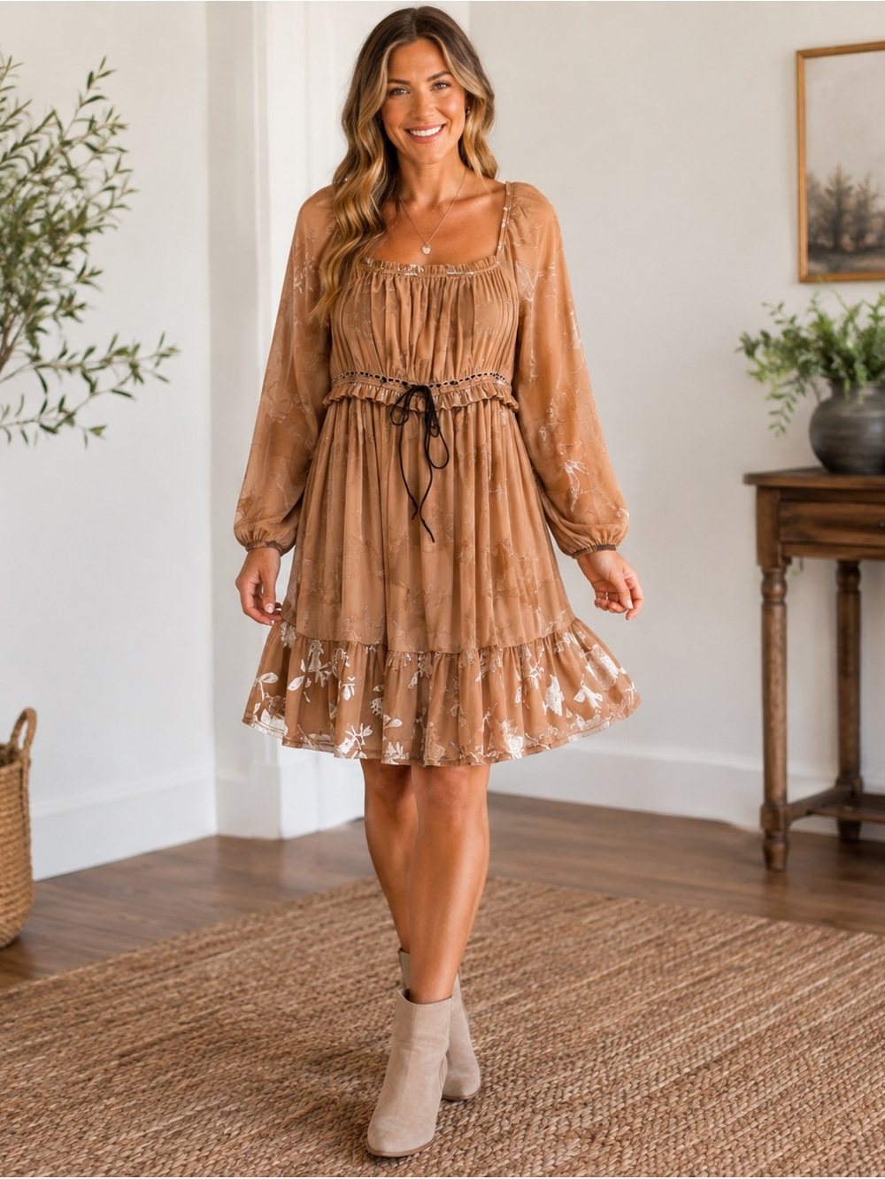 Polagram NWT Beige Floral Burnout Empire Waist Midi Dress Boho Romantic